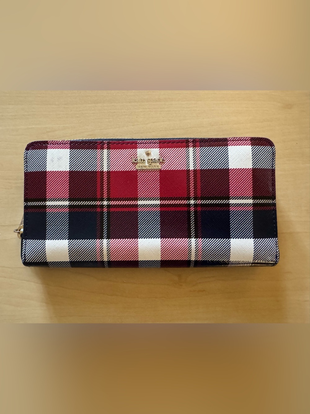 Kate Spade Red Navy White Tartan Plaid Zip Around Continental Wallet